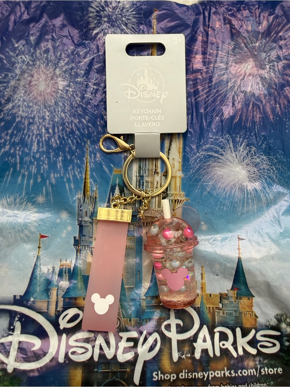 Disney Pink and Gold Bubble Drink Keychain Charm